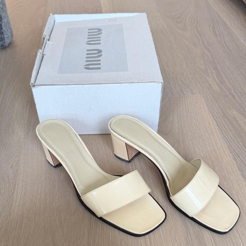 Miu Miu Cream Patent Leather Square Toe Block Heel Mules